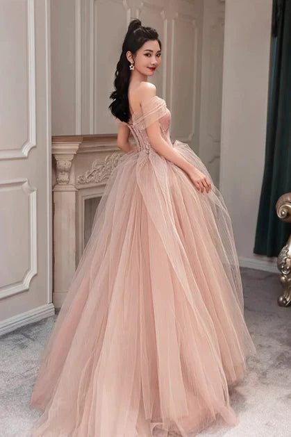 Blushing Pink Tulle and Lace Ball Gown Off the Shoulder Floor-Length Dress Back View - Aabei Dress