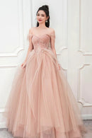 Blushing Pink Tulle and Lace Ball Gown Off the Shoulder Floor-Length Dress Front View - Aabei Dress