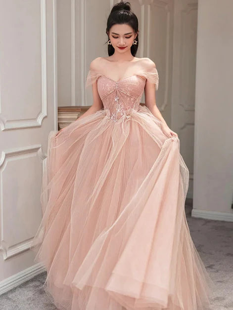 Blushing Pink Tulle and Lace Ball Gown Off the Shoulder Floor-Length Dress - Aabei Dress