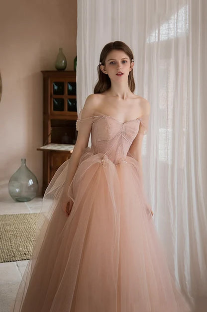 Blushing Pink Tulle Ball Gown Off The Shoulder Lace Up Back Floor Length Dress - Aabei Dress