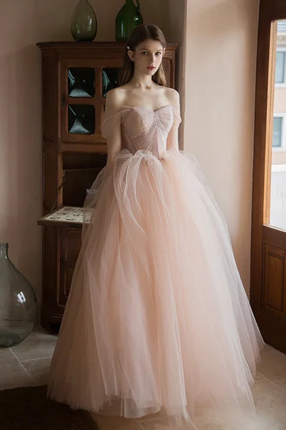 Blushing Pink Tulle Ball Gown Off The Shoulder Lace Up Back Floor Length Dress - Aabei Dress