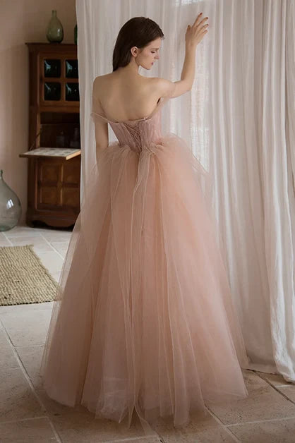 Blushing Pink Tulle Ball Gown Off The Shoulder Lace Up Back Floor Length Dress - Aabei Dress