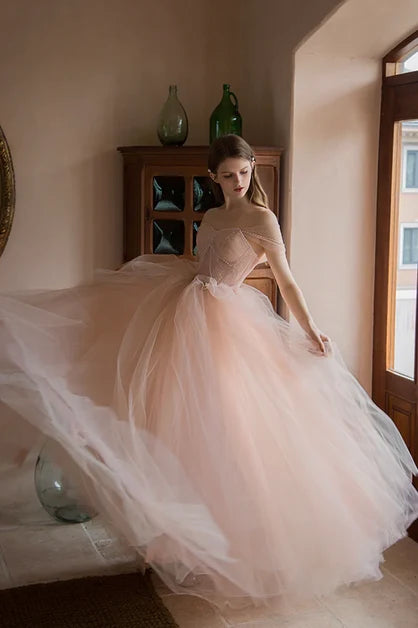 Blushing Pink Tulle Ball Gown Off The Shoulder Lace Up Back Floor Length Dress - Aabei Dress