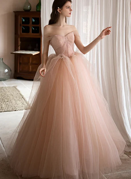 Blushing Pink Tulle Ball Gown Off The Shoulder Lace Up Back Floor Length Dress - Aabei Dress
