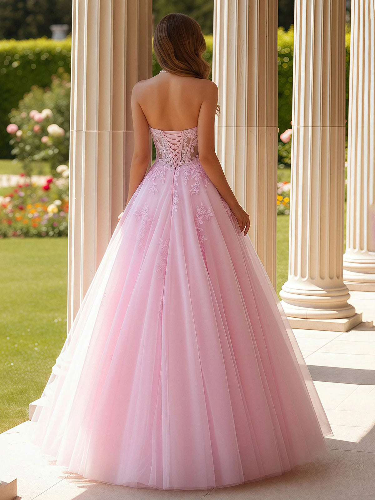 Blushing Pink Tulle ball-gown sweetheart lace-up-back floor-length Dress Back View - Aabei Dress