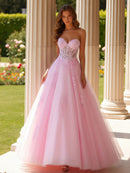 Blushing Pink Tulle ball-gown sweetheart lace-up-back floor-length Dress Front View - Aabei Dress