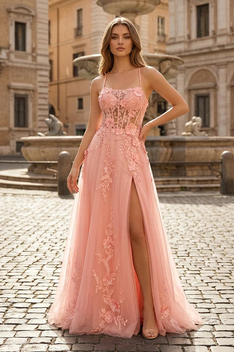Blushing Pink Tulle with Lace Appliques A-Line Sweetheart Floor-length Dress - Aabei Dress