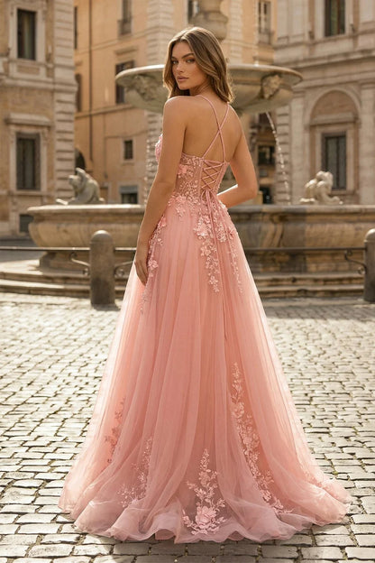 Blushing Pink Tulle with Lace Appliques A-Line Sweetheart Floor-length Dress - Aabei Dress