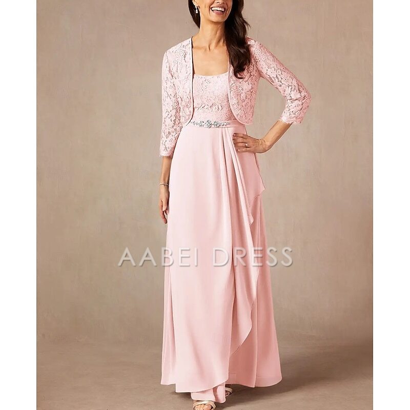 AABEI DRESS Wedding Guest Dress Two Piece A-Line Sweet Crew Neck 3/4 Length Sleeve Floor Length Lace Beading Ruffles Elegant Mother of the Bride Dress