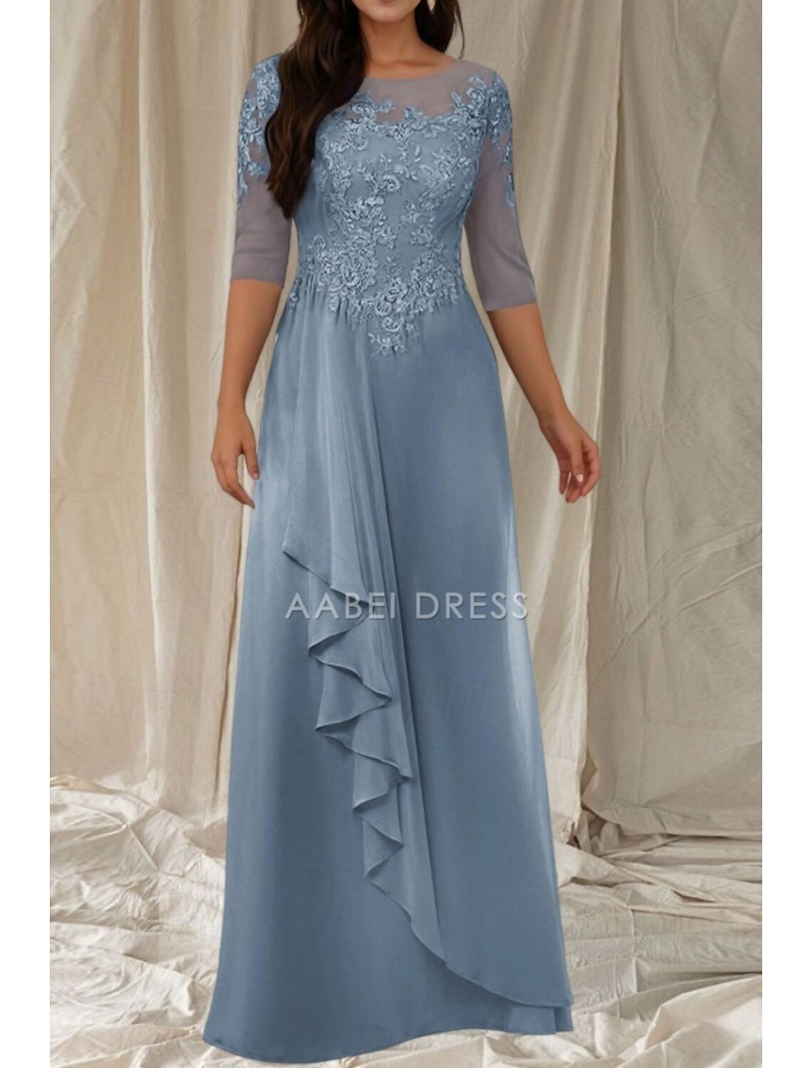 AABEI DRESS Wedding Guest Dress Elegant A-Line Crew Neck 3/4 Length Sleeve Floor Length Lace Appliques Ruffles Fashion Mother of the Bride Dress