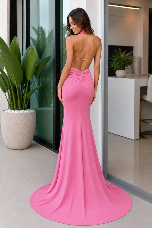 Hot Pink Halter Mermaid Gown 3D Rose Appliqué Keyhole High Slit Open Back Formal Dress