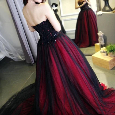 Burgundy and Black Tulle & Lace Ball Gown Sweetheart Floor-Length Dress Back View - Aabei Dress