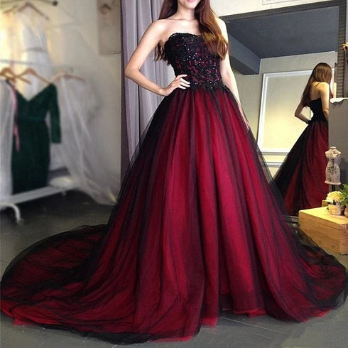 Burgundy and Black Tulle & Lace Ball Gown Sweetheart Floor-Length Dress Front View - Aabei Dress