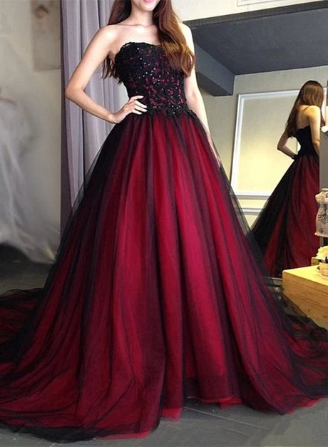 Burgundy and Black Tulle & Lace Ball Gown Sweetheart Floor-Length Dress - Aabei Dress