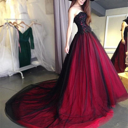 Burgundy and Black Tulle & Lace Ball Gown Sweetheart Floor-Length Dress - Aabei Dress