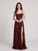 Burgundy Beaded Tulle A Line Sweetheart Lace Up Back Floor Length Dress Front View - Aabei Dress