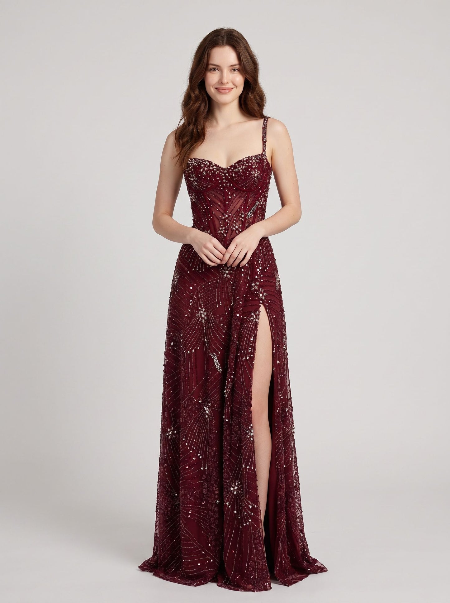 Burgundy Beaded Tulle A Line Sweetheart Lace Up Back Floor Length Dress Front View - Aabei Dress