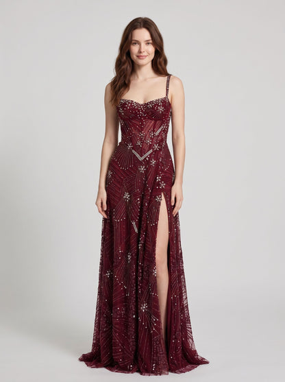 Burgundy Beaded Tulle A Line Sweetheart Lace Up Back Floor Length Dress - Aabei Dress