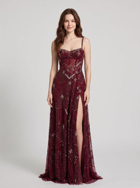 Burgundy Beaded Tulle A Line Sweetheart Lace Up Back Floor Length Dress - Aabei Dress
