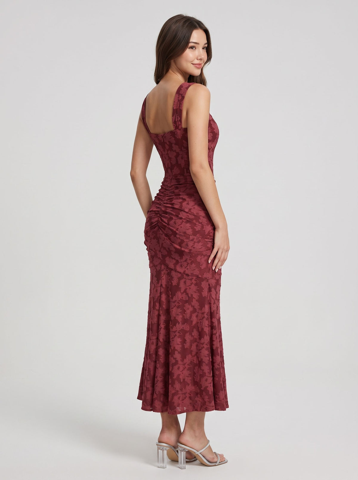 Burgundy Burnout Floral Mesh Mermaid Square Neck Zipper Back Midi Dress Back View - Aabei Dress
