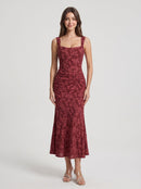Burgundy Burnout Floral Mesh Mermaid Square Neck Zipper Back Midi Dress Front View - Aabei Dress