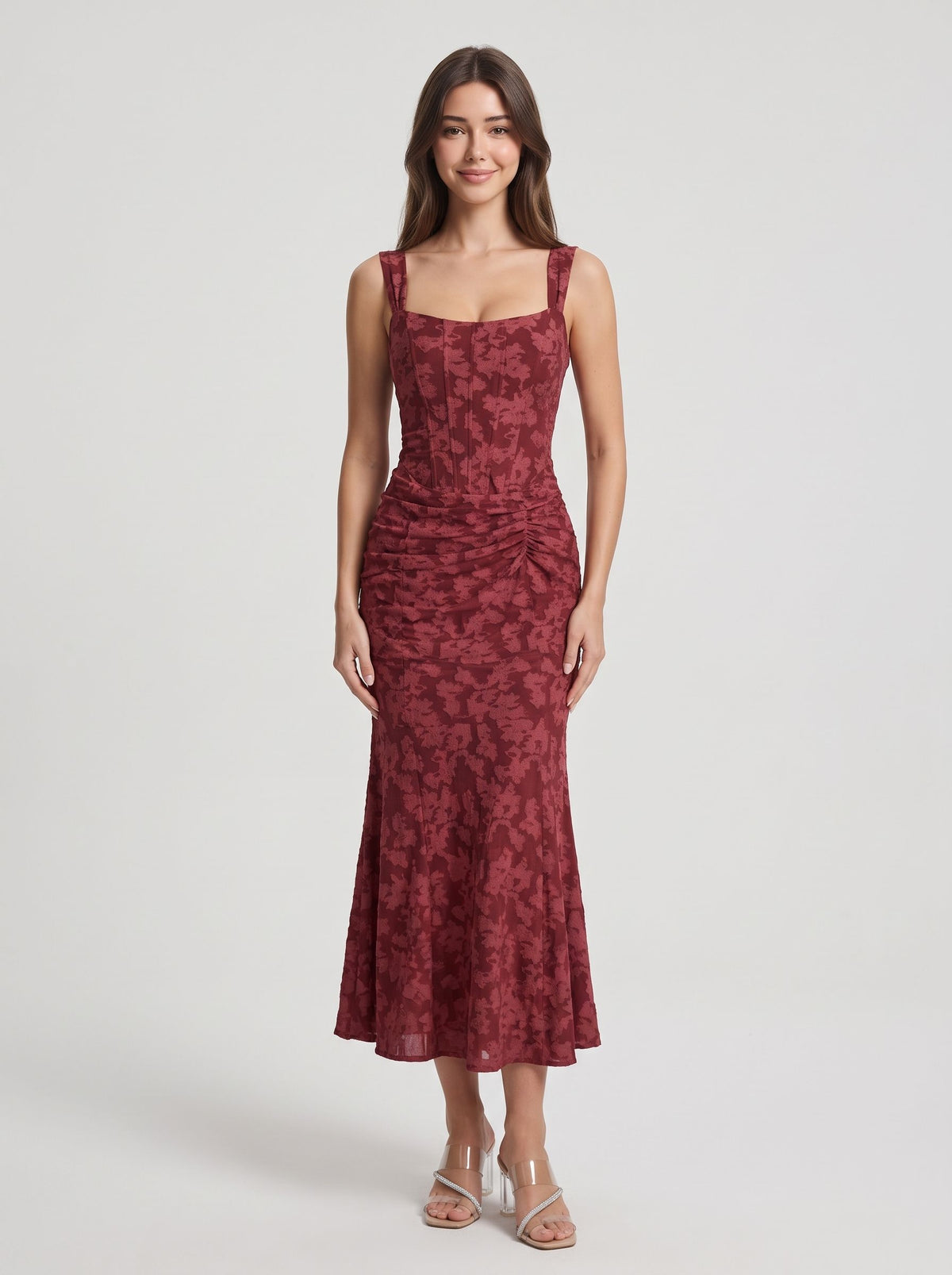 Burgundy Burnout Floral Mesh Mermaid Square Neck Zipper Back Midi Dress Front View - Aabei Dress