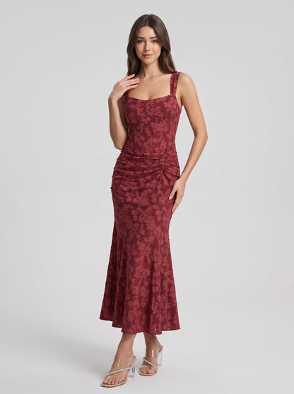 Burgundy Burnout Floral Mesh Mermaid Square Neck Zipper Back Midi Dress - Aabei Dress