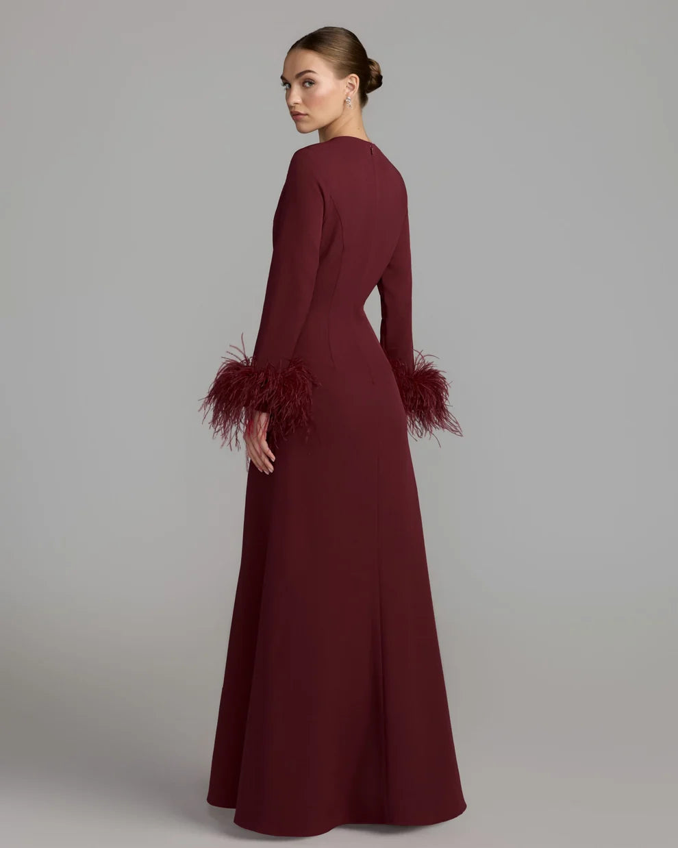 Burgundy Crepe A-Line High Neck Zipper Back Floor Length Dress Back View - Aabei Dress