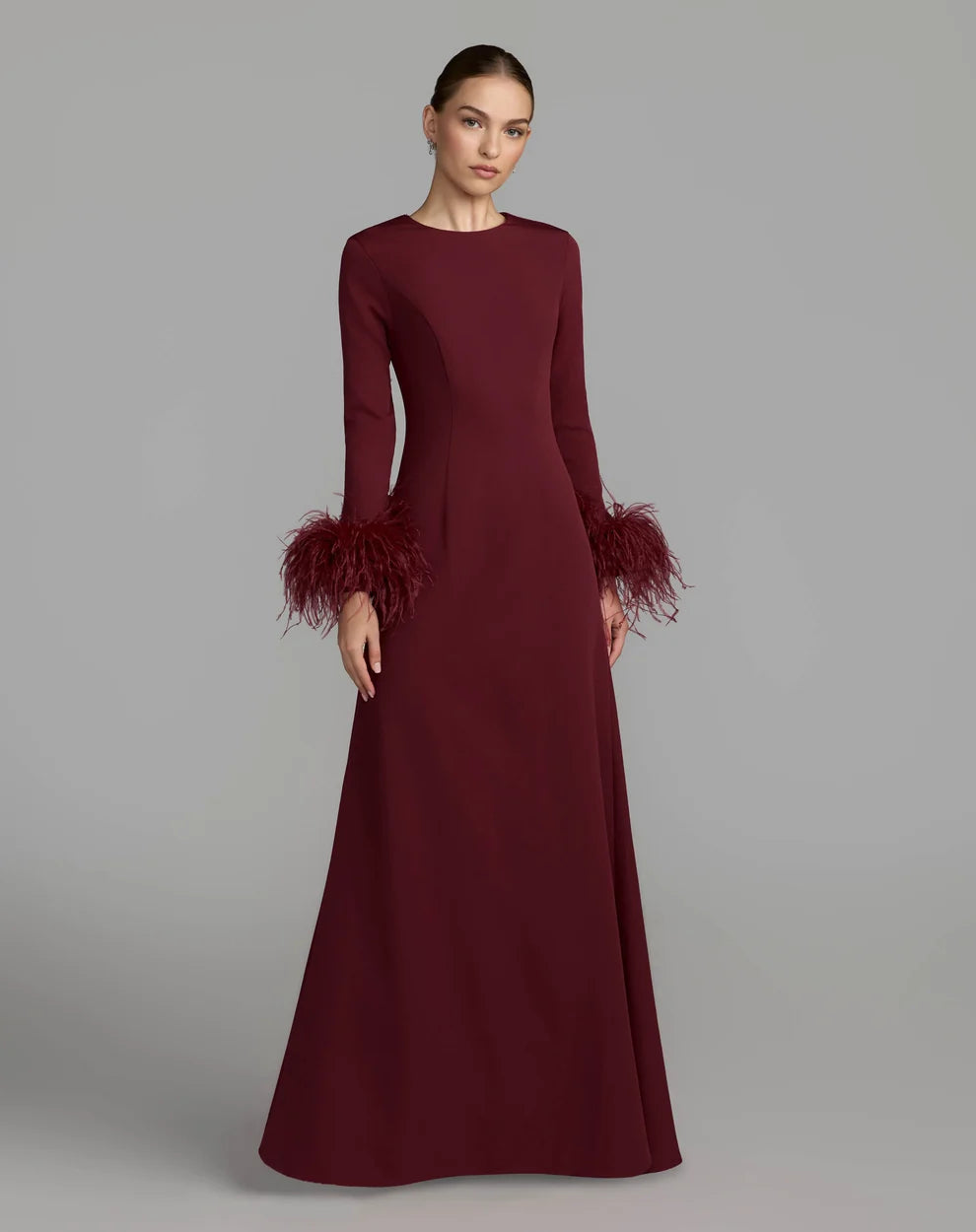 Burgundy Crepe A-Line High Neck Zipper Back Floor Length Dress Front View - Aabei Dress