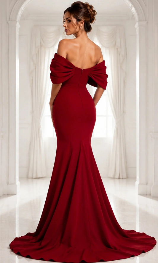 Burgundy Crepe Mermaid Off-the-Shoulder Zipper Back Floor-Length Dress Back View - Aabei Dress