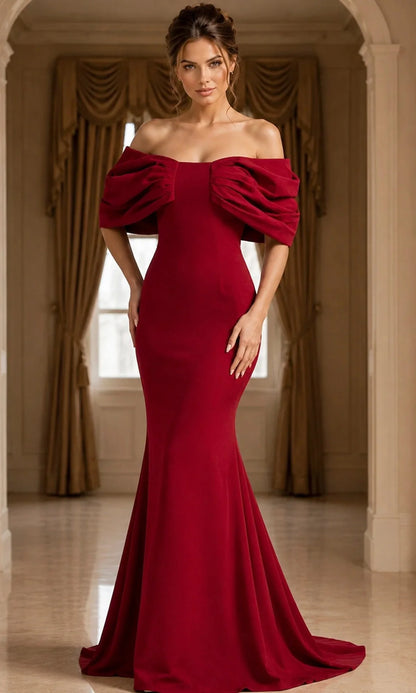 Burgundy Crepe Mermaid Off-the-Shoulder Zipper Back Floor-Length Dress Front View - Aabei Dress