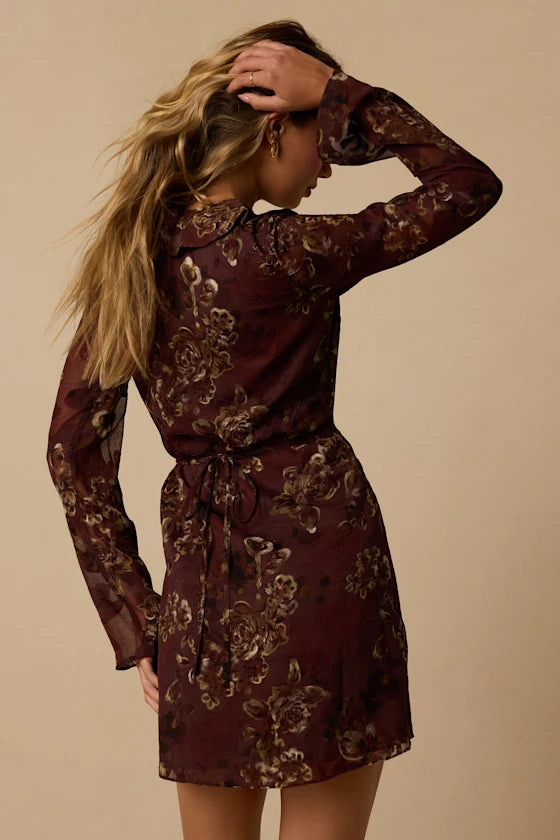 Burgundy Floral Chiffon A-Line V-Neck High Back Mini Dress Back View - Aabei Dress