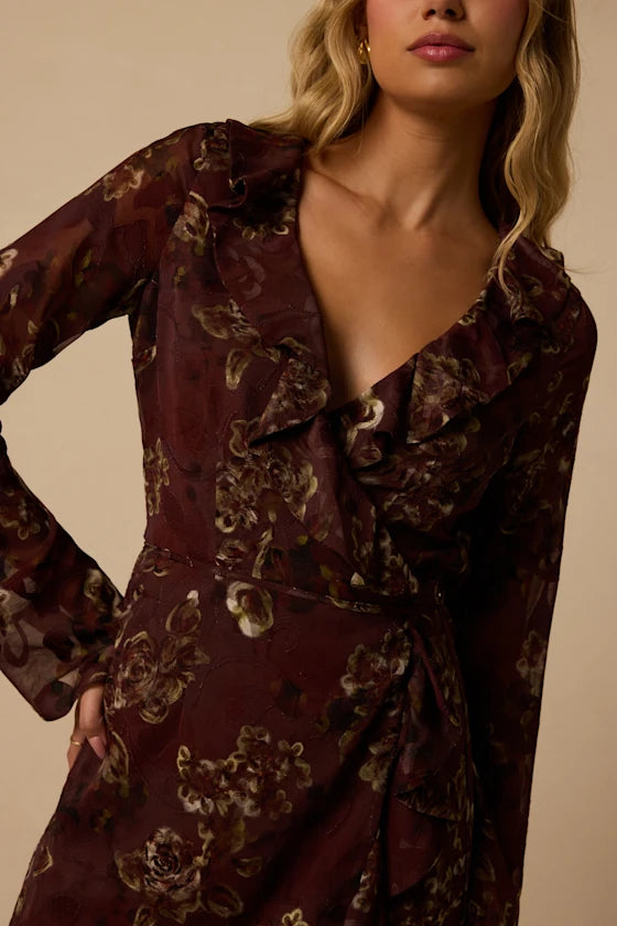 Burgundy Floral Chiffon A-Line V-Neck High Back Mini Dress - Aabei Dress