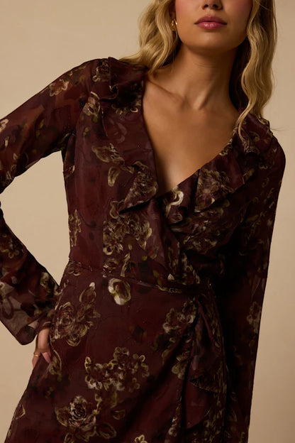 Burgundy Floral Chiffon A-Line V-Neck High Back Mini Dress - Aabei Dress