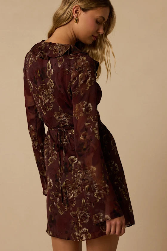 Burgundy Floral Chiffon A-Line V-Neck High Back Mini Dress - Aabei Dress