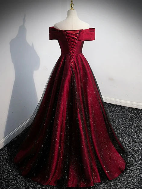 Burgundy Glitter Fabric A-Line Off-the-Shoulder Lace-up Floor-Length Dress Back View - Aabei Dress