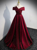 Burgundy Glitter Fabric A-Line Off-the-Shoulder Lace-up Floor-Length Dress Front View - Aabei Dress