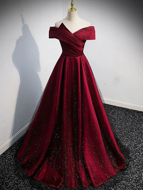 Burgundy Glitter Fabric A-Line Off-the-Shoulder Lace-up Floor-Length Dress Front View - Aabei Dress