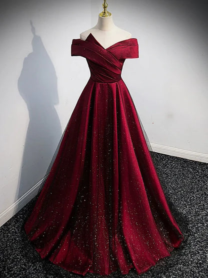 Burgundy Glitter Fabric A-Line Off-the-Shoulder Lace-up Floor-Length Dress Front View - Aabei Dress