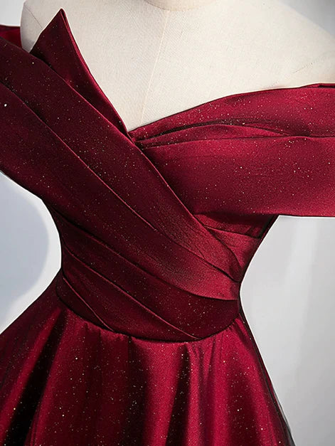 Burgundy Glitter Fabric A-Line Off-the-Shoulder Lace-up Floor-Length Dress - Aabei Dress