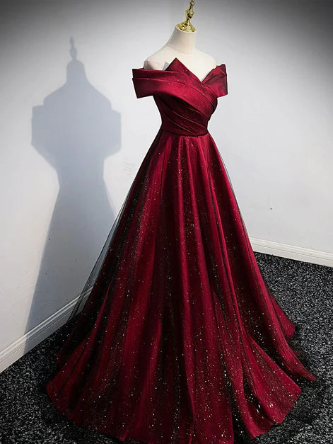 Burgundy Glitter Fabric A-Line Off-the-Shoulder Lace-up Floor-Length Dress - Aabei Dress