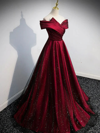Burgundy Glitter Fabric A-Line Off-the-Shoulder Lace-up Floor-Length Dress - Aabei Dress