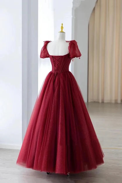 Burgundy Glitter Tulle A-Line Sweetheart Lace-up Floor-Length Dress Back View - Aabei Dress
