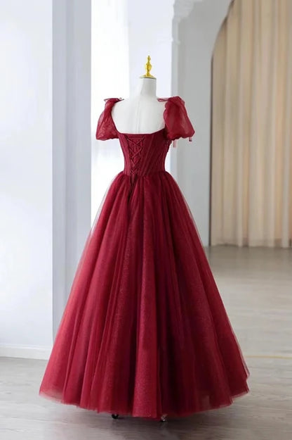 Burgundy Glitter Tulle A-Line Sweetheart Lace-up Floor-Length Dress Back View - Aabei Dress