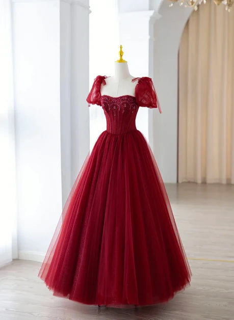 Burgundy Glitter Tulle A-Line Sweetheart Lace-up Floor-Length Dress Front View - Aabei Dress
