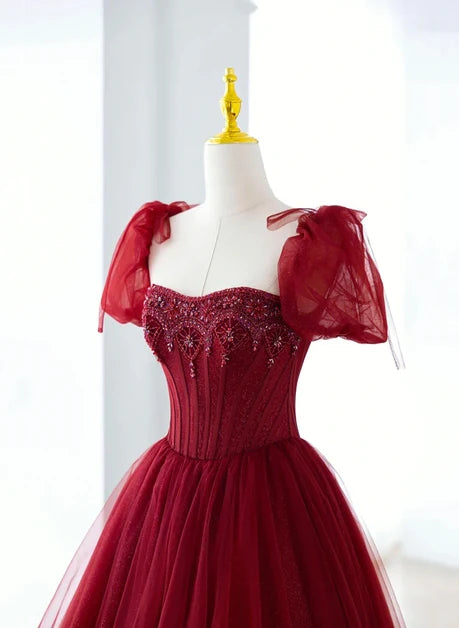 Burgundy Glitter Tulle A-Line Sweetheart Lace-up Floor-Length Dress - Aabei Dress