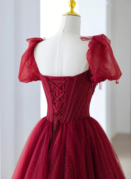 Burgundy Glitter Tulle A-Line Sweetheart Lace-up Floor-Length Dress - Aabei Dress