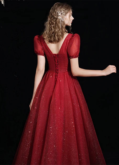 Burgundy Glitter Tulle A-Line V-Neck Lace-up Floor-Length Dress Back View - Aabei Dress