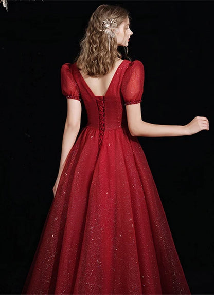 Burgundy Glitter Tulle A-Line V-Neck Lace-up Floor-Length Dress Back View - Aabei Dress
