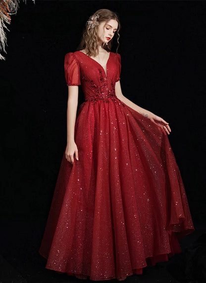 Burgundy Glitter Tulle A-Line V-Neck Lace-up Floor-Length Dress Front View - Aabei Dress